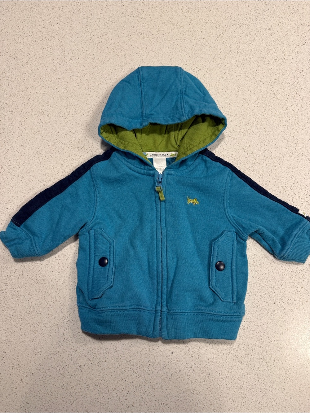 Janie and Jack Teal Zip-Up Hoodie with Navy Shoulder Stripe
